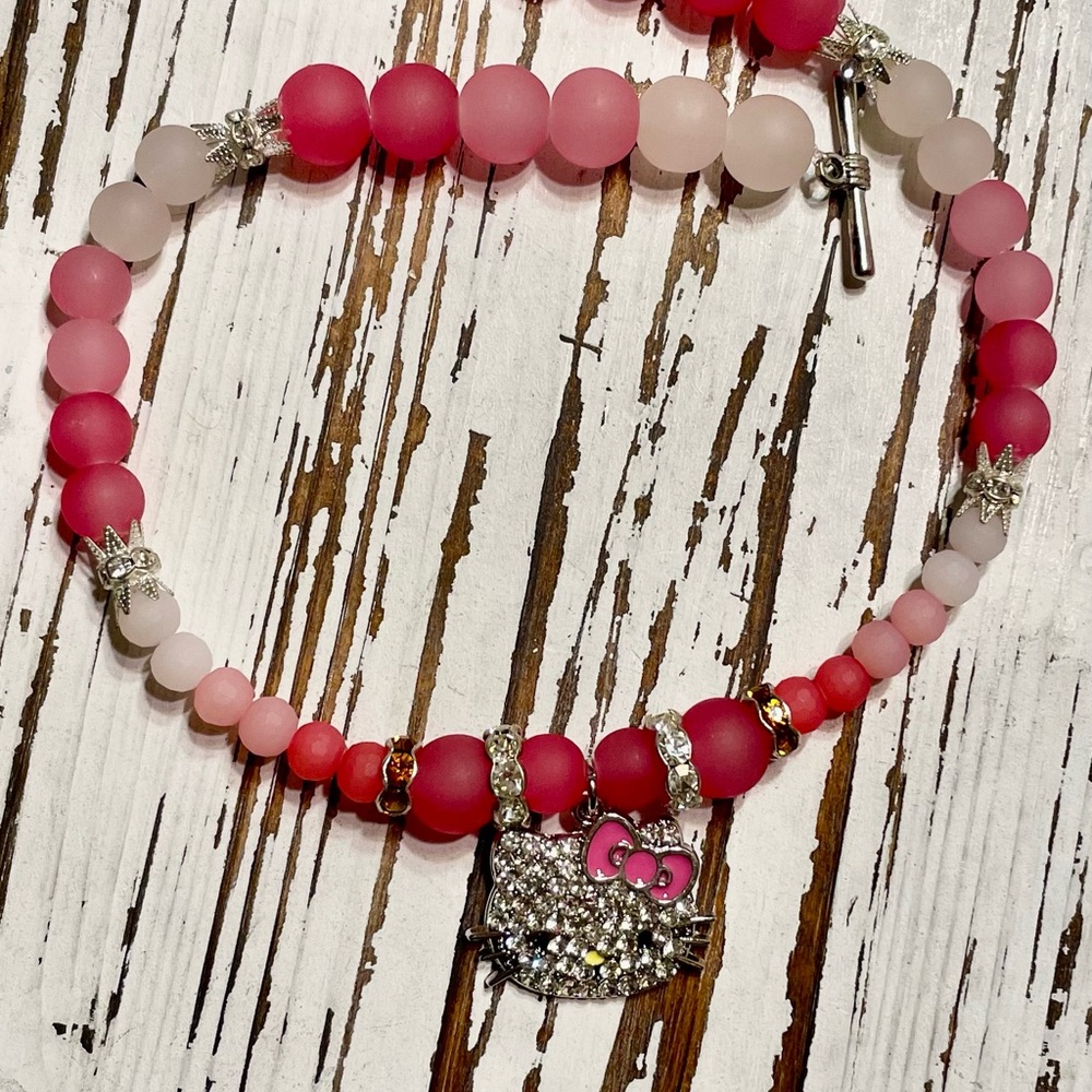 Pink Pet Beaded Necklace with Hello Kitty Charm 14 inches one of a kind